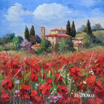 Peinture intitulée "Village with flower…" par Bruno Chirici, Œuvre d'art originale, Huile Monté sur Châssis en bois