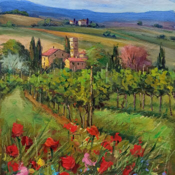 Pintura intitulada "Village with vineya…" por Bruno Chirici, Obras de arte originais, Óleo Montado em Armação em madeira