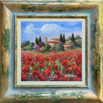 Painting titled ""VILLAGE WITH FLOWE…" by Bruno Chirici, Original Artwork, Oil Mounted on Wood Stretcher frame