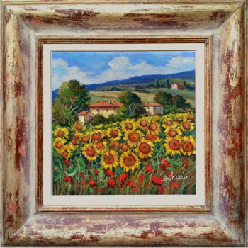 Pintura intitulada "Sunflowers & red po…" por Bruno Chirici, Obras de arte originais, Óleo Montado em Armação em madeira