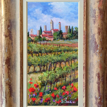 Painting titled "SAN GIMIGNANO VILLA…" by Bruno Chirici, Original Artwork, Oil Mounted on Wood Stretcher frame
