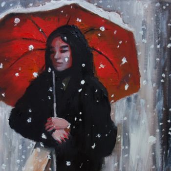 Peinture intitulée "Le parapluie rouge…" par Bruno Lebayle, Œuvre d'art originale, Huile