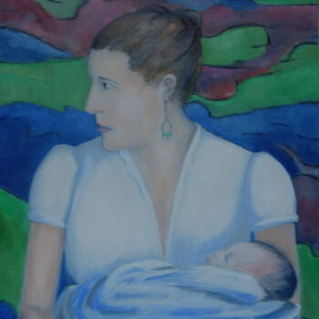 Malerei mit dem Titel "mère attentive" von Bruno Leblais, Original-Kunstwerk, Öl