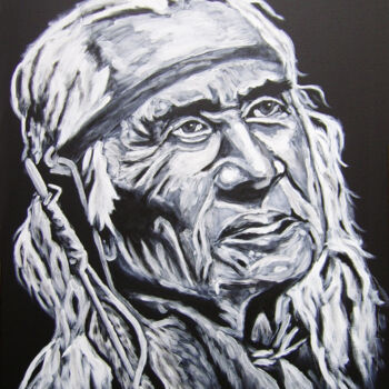 Painting titled "Un vieil indien" by Bruno Lemasson, Original Artwork, Acrylic Mounted on Wood Stretcher frame