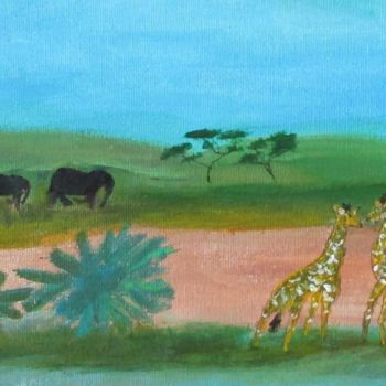 Painting titled "girafes et éléphants" by Bruno Grégory (BG), Original Artwork, Acrylic