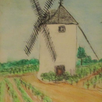 Disegno intitolato "moulin dans le vign…" da Bruno Grégory (BG), Opera d'arte originale, Acquarello Montato su Vetro