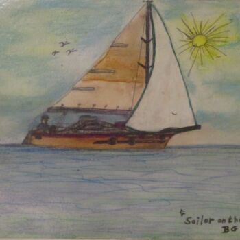 Drawing titled "Sailor on the sea" by Bruno Grégory (BG), Original Artwork, Watercolor Mounted on Cardboard