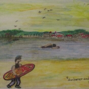 Dessin intitulée "Swimmer and surfer" par Bruno Grégory (BG), Œuvre d'art originale, Aquarelle