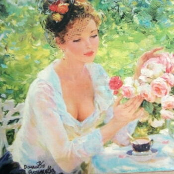 Malerei mit dem Titel "Ines con le rose" von Bruscella Donato, Original-Kunstwerk, Öl