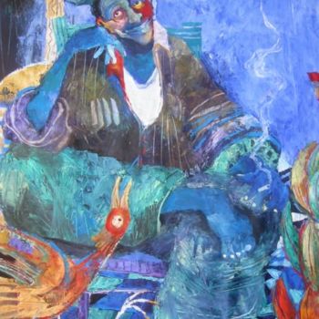 Pintura intitulada ""Manel em azul"" por Roxanne Bueso, Obras de arte originais