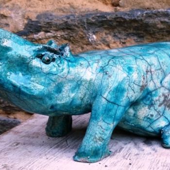 Sculpture titled "Blue Hippo" by Buissonnières, Original Artwork, Ceramics