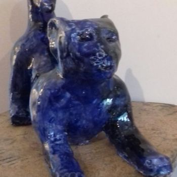 Sculpture titled "Die blaue Katze" by Buissonnières, Original Artwork, Ceramics