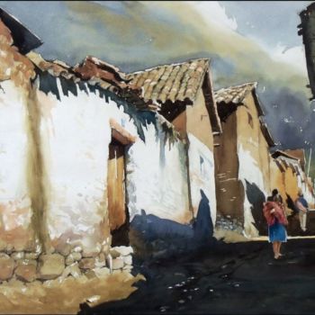 Картина под названием "Calle de la cantarr…" - Bernardo Burgos, Подлинное произведение искусства, Акварель