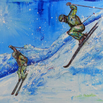 Painting titled "Zwei Skifahrer Spor…" by Burgstallers-Art - Alexandra Brehm, Original Artwork, Acrylic Mounted on Wood Stre…