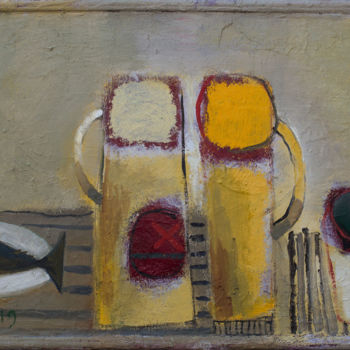 Painting titled "Still-life in yellow" by Oleg Buryan, Original Artwork, Oil Mounted on Wood Stretcher frame