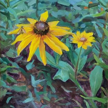 Painting titled "A bee sits on a sun…" by Aleksey Burov, Original Artwork, Oil