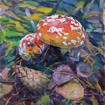Painting titled "Fly agarics Painting" by Aleksey Burov, Original Artwork, Oil