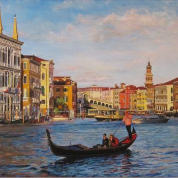 Painting titled "Venise-le-grand-can…" by Brigitte With (B.WITH), Original Artwork, Oil Mounted on Wood Stretcher frame