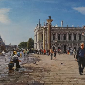 Painting titled "La-piazzetta-à-Veni…" by Brigitte With (B.WITH), Original Artwork, Oil Mounted on Wood Stretcher frame