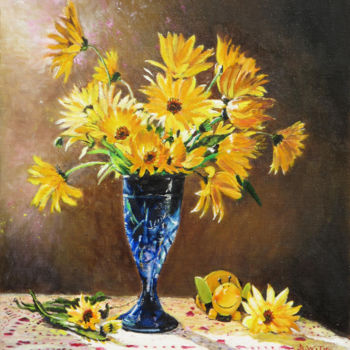 Ζωγραφική με τίτλο "Bouquet-jaune" από Brigitte With (B.WITH), Αυθεντικά έργα τέχνης, Λάδι Τοποθετήθηκε στο Ξύλινο φορείο σκ…