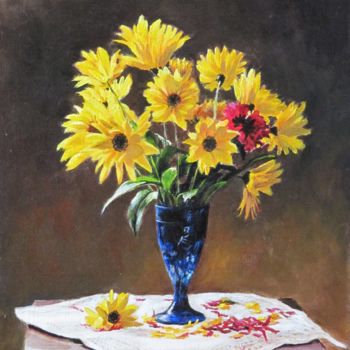 Painting titled "Bouquet-jaune-à-la-…" by Brigitte With (B.WITH), Original Artwork, Oil Mounted on Wood Stretcher frame