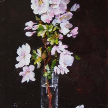 Painting titled "Branche-de-cerisier…" by Brigitte With (B.WITH), Original Artwork, Oil Mounted on Wood Stretcher frame