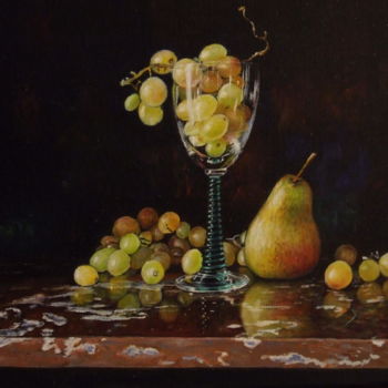 Painting titled "Verre de raisins et…" by Brigitte With (B.WITH), Original Artwork, Oil Mounted on Wood Stretcher frame