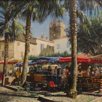 Painting titled "Le-marché-de-St-Rap…" by Brigitte With (B.WITH), Original Artwork, Oil Mounted on Wood Stretcher frame