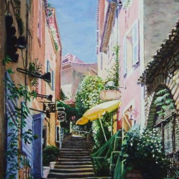 Painting titled "L'escalier,Bormes-l…" by Brigitte With (B.WITH), Original Artwork, Oil Mounted on Wood Stretcher frame