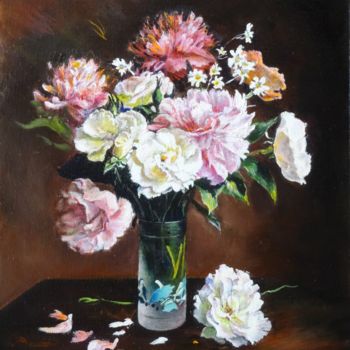 Schilderij getiteld "roses-blanches-et-p…" door Brigitte With (B.WITH), Origineel Kunstwerk, Olie Gemonteerd op Frame voor h…