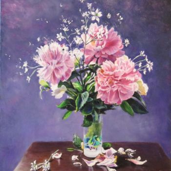 Painting titled "trois-pivoines-roses" by Brigitte With (B.WITH), Original Artwork, Oil