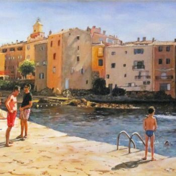 Pintura intitulada "Baignade-à-St-Tropez" por Brigitte With (B.WITH), Obras de arte originais, Óleo