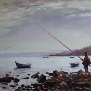 Painting titled "Le pêcheur" by Brigitte With (B.WITH), Original Artwork, Oil