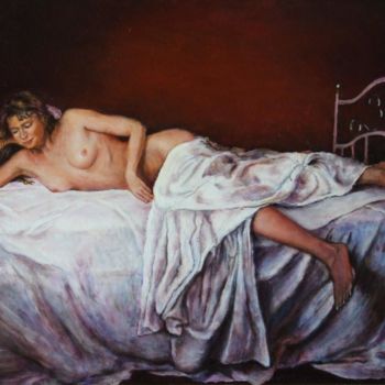 Pintura intitulada "Nue sur le lit" por Brigitte With (B.WITH), Obras de arte originais, Óleo