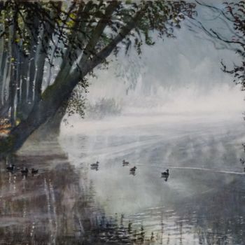 Peinture intitulée "Brume sur la Juine…" par Brigitte With (B.WITH), Œuvre d'art originale, Huile