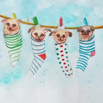 Drawing titled "Doggies" by By Tata, Original Artwork, Watercolor