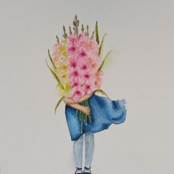 Drawing titled "Girl with flowers" by By Tata, Original Artwork, Watercolor
