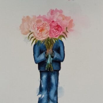 "Doy with flowers" başlıklı Resim By Tata tarafından, Orijinal sanat, Suluboya