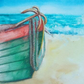Drawing titled "Doat on the shore" by By Tata, Original Artwork, Watercolor