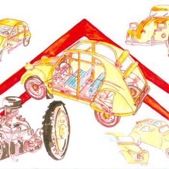 Disegno intitolato "2cv-moteur" da Byam Le Bot, Opera d'arte originale, Pennarello