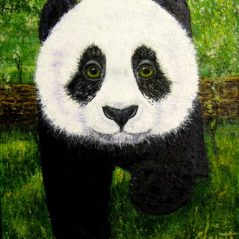 Painting titled "Baby Panda Hao" by Ksanti, Original Artwork, Oil Mounted on Wood Stretcher frame