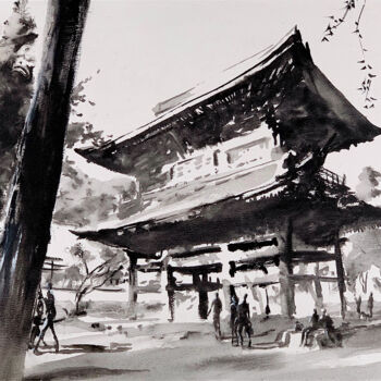 Painting titled "Open Shintō Shrine" by Christian Evers, Original Artwork, Gouache Mounted on Wood Panel