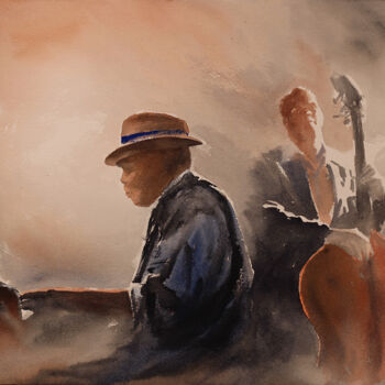 Painting titled "Mood n´ Jazz No.5" by Christian Evers, Original Artwork, Watercolor Mounted on Wood Panel