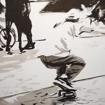 Zeichnungen mit dem Titel "Skate No. 21" von Christian Evers, Original-Kunstwerk, Tinte Auf Holzplatte montiert