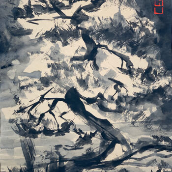 Zeichnungen mit dem Titel "The Dancing Tree" von Christian Evers, Original-Kunstwerk, Tinte Auf Holzplatte montiert