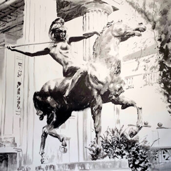 Schilderij getiteld "Riding Amazon, afte…" door Christian Evers, Origineel Kunstwerk, Inkt Gemonteerd op Frame voor houten b…
