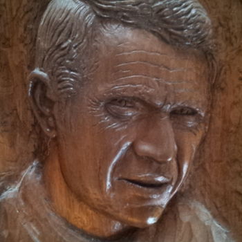 Skulptur mit dem Titel "Bas relief steve Mc…" von Claude Gros, Original-Kunstwerk, Holz