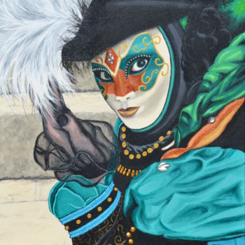 Pintura intitulada ""Masque vert, plume…" por Opale Isis, Obras de arte originais, Acrílico