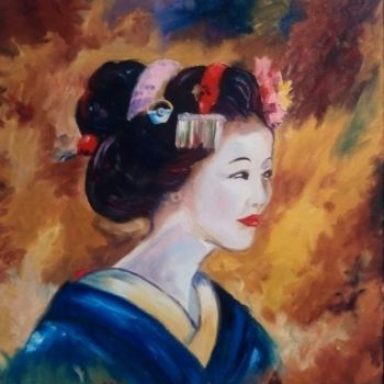 Painting titled ""Geisha en kimono b…" by Opale Isis, Original Artwork, Oil