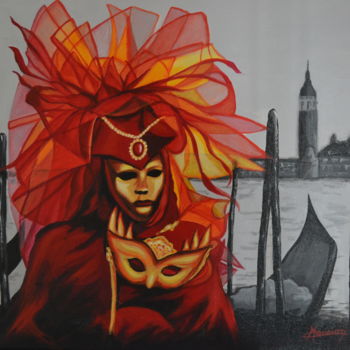 Peinture intitulée ""Masque rouge sur f…" par Opale Isis, Œuvre d'art originale, Acrylique